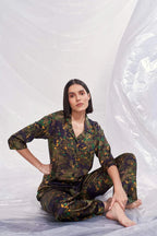 Velure Floral Print Satin Night Suit - Velure - Shirt and Pant - 3/4 Sleeves, Collar Neck, Floral Print, Front Button Open, Full Length Pant, Satin