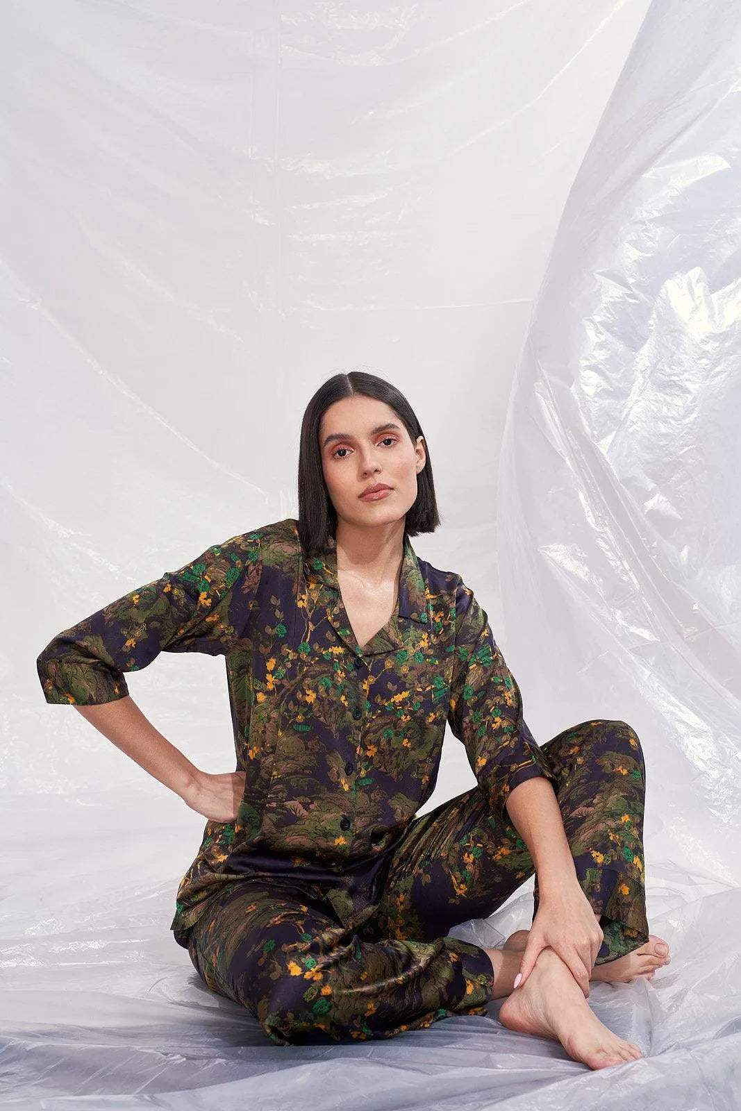 Velure Floral Print Satin Night Suit - Velure - Shirt and Pant - 3/4 Sleeves, Collar Neck, Floral Print, Front Button Open, Full Length Pant, Satin