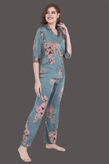 Velure Blooming Floral Satin Print Night Suit - Velure - Shirt and Pant - 3/4 Sleeves, Collar Neck, Floral Print, Front Button Open, Full Length Pant, Satin