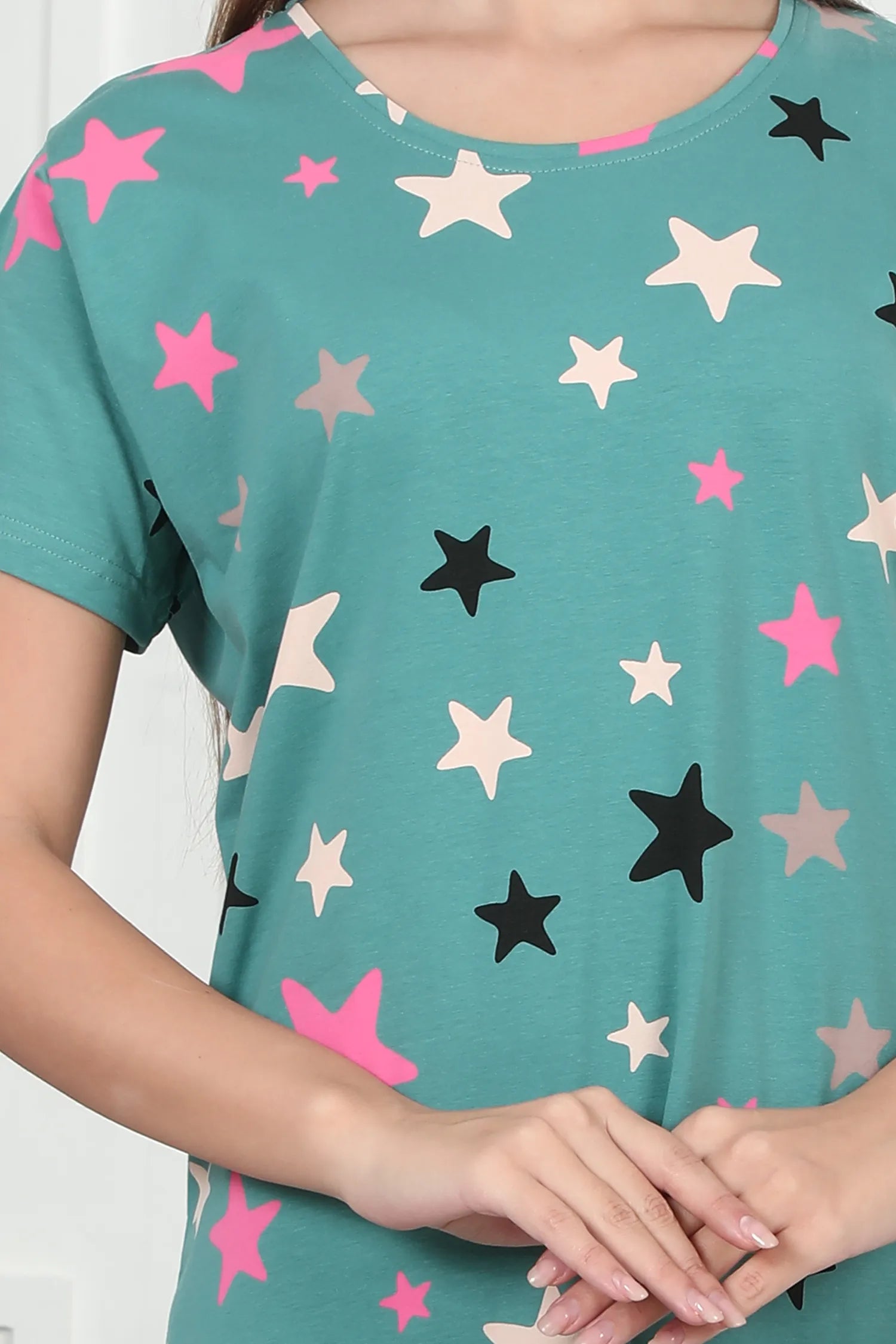 Velure Glossy Star Print Short Nighty - Velure - - Cotton, Half Sleeves, Knee Length, Printed, Round neck