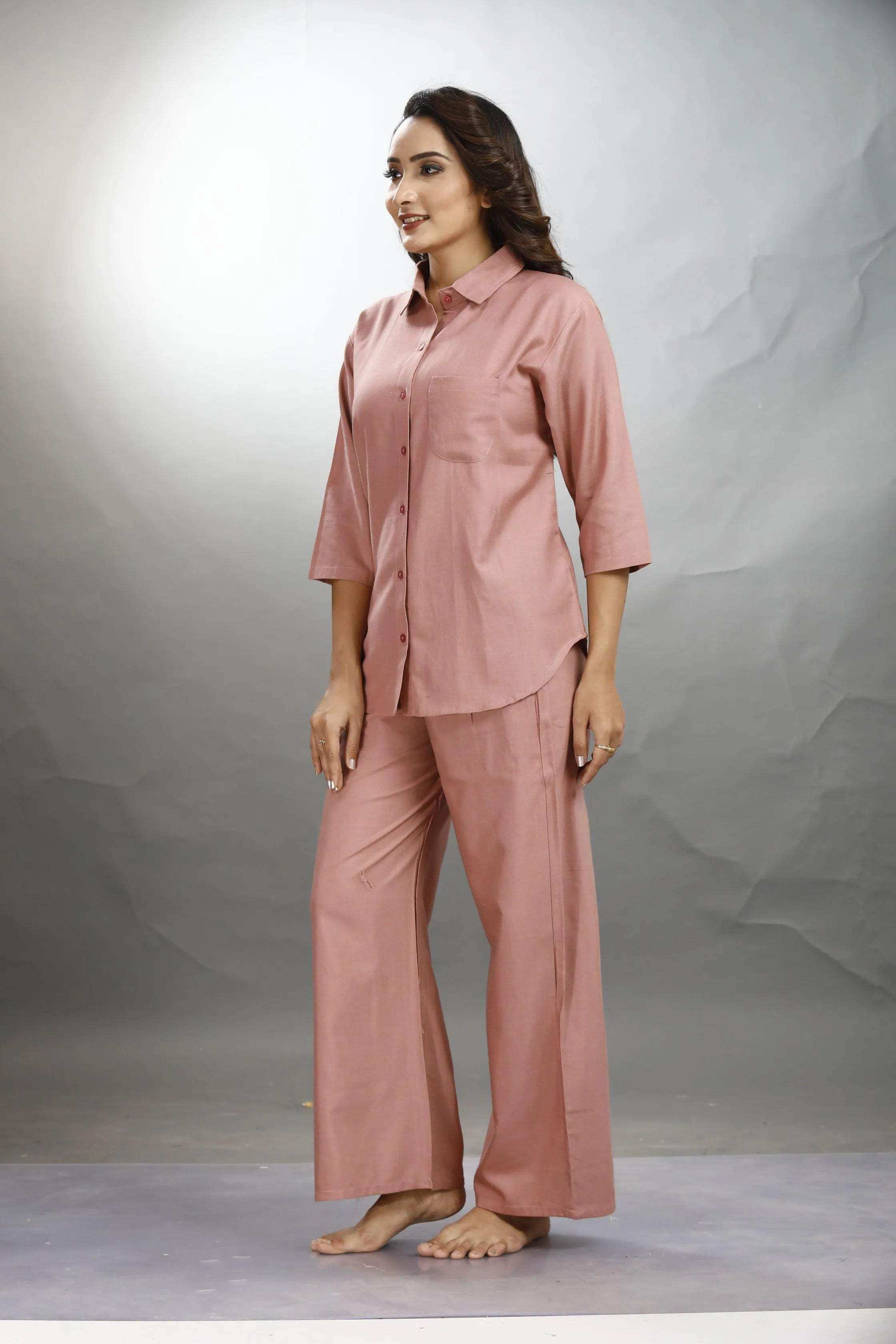 Velure Trendy Brown Palazzo Co-ord Set - Velure - - 3/4 Sleeves, Collar Neck, Front Button Open, Full Length Pant