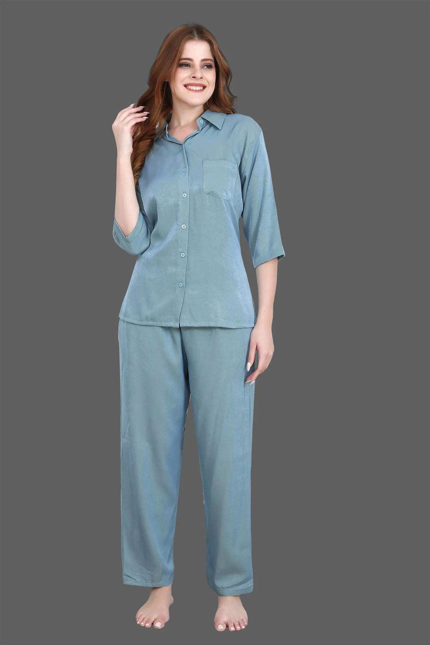 Velure Solid Blue Casual Co-ord Set - Velure - - 3/4 Sleeves, Collar Neck, Cotton, Front Button Open, Full Length Pant