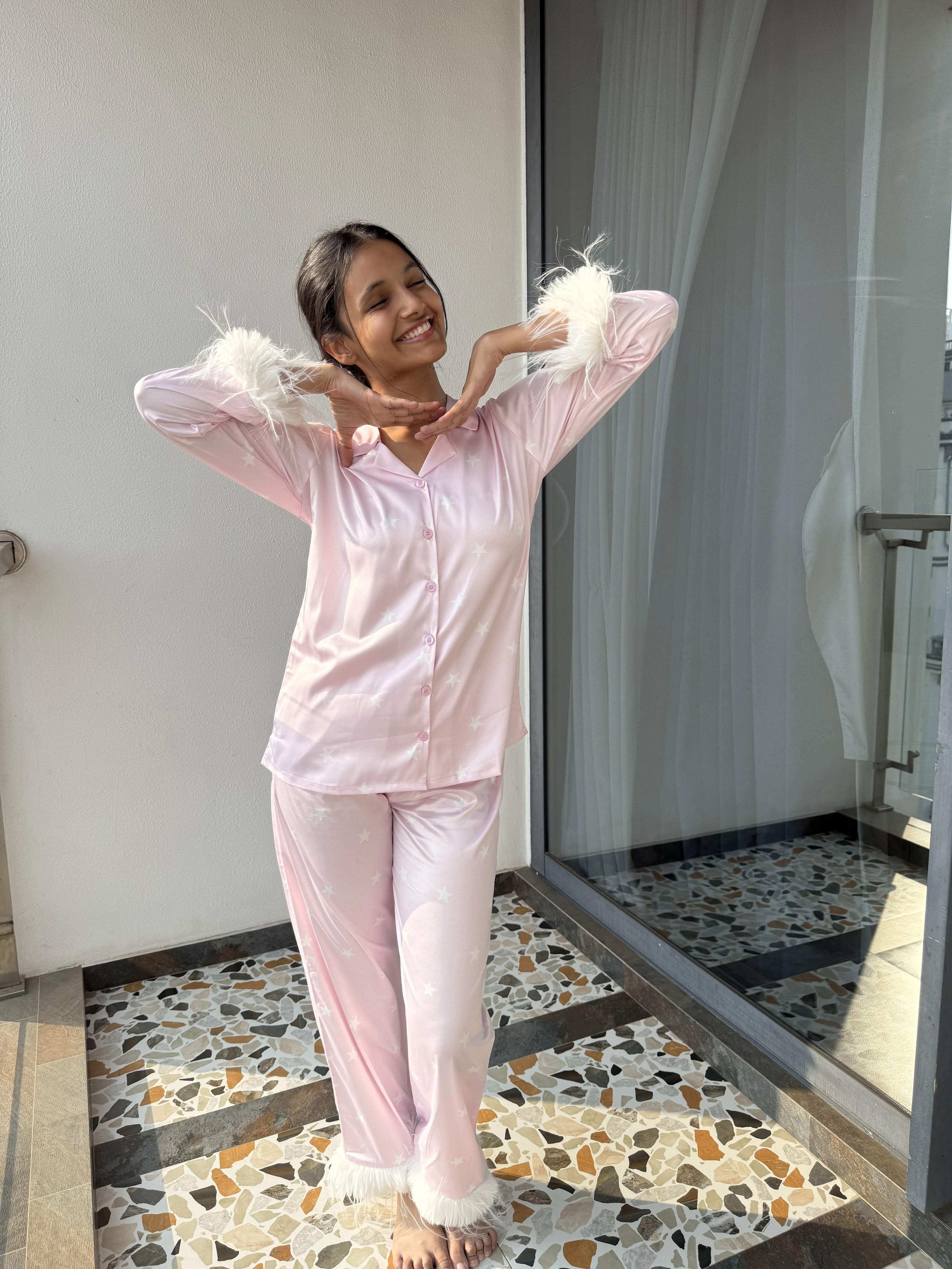 Velure Adorable Star Print Satin Night Suit - Velure - - Detail-printedfur, Front Button Open, Full Length Pant, Fur, Satin