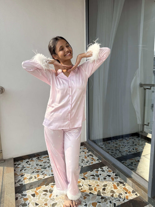 Velure Adorable Star Print Satin Night Suit - Velure - - Front Button Open, Full Length Pant, Fur, Satin