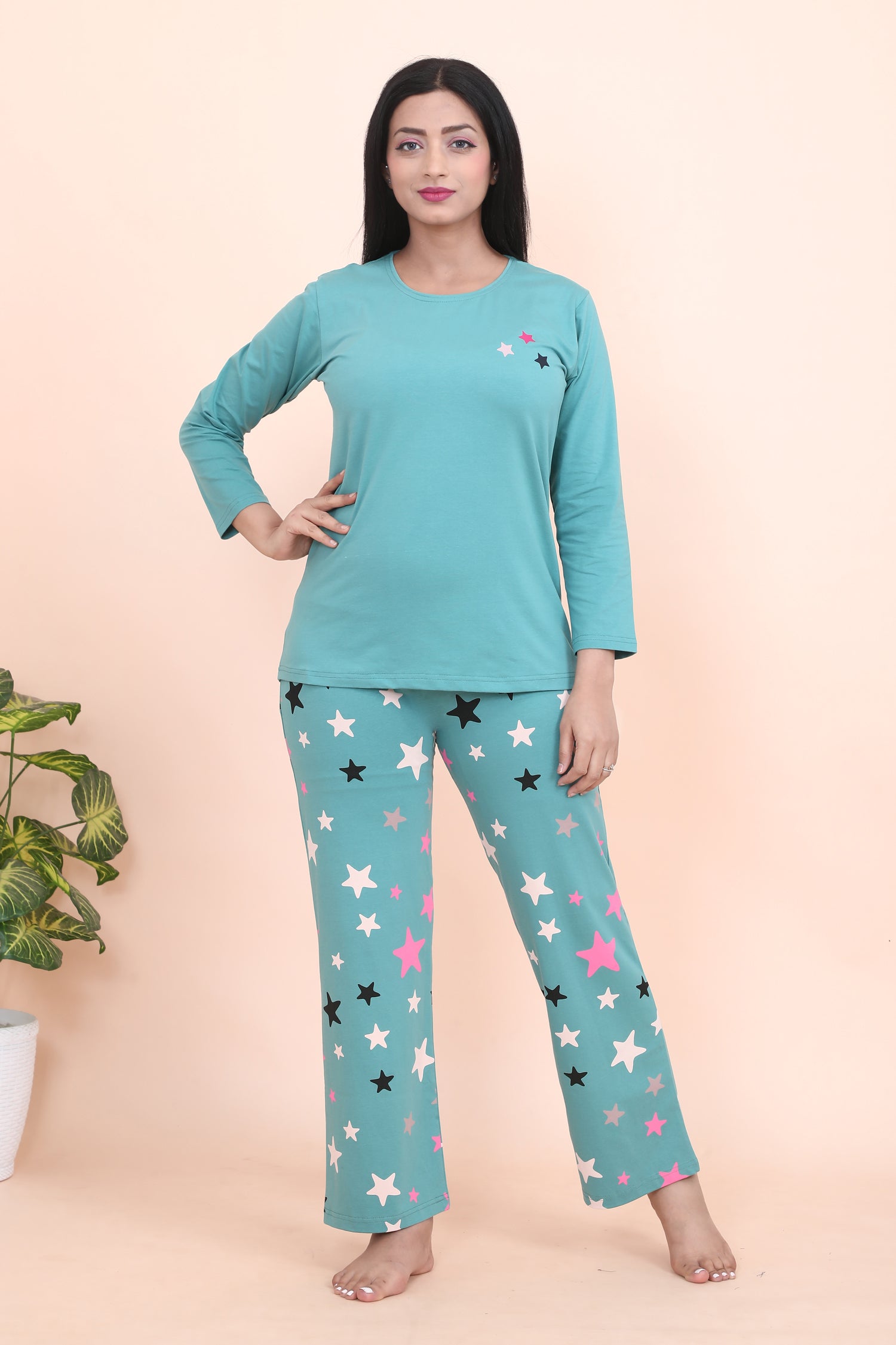 Velure Classic Star Print Full Sleeves Pajama Set - Velure - - Cotton Lycra Fabric, Full Length Pant, Full Sleeves, Round neck nightsuit