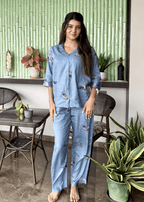 Velure Timeless Flamingo Print Cotton Night Suit - Velure - - 3/4 Sleeves, Collar Neck, Cotton, Front Button Open, Full Length Pant
