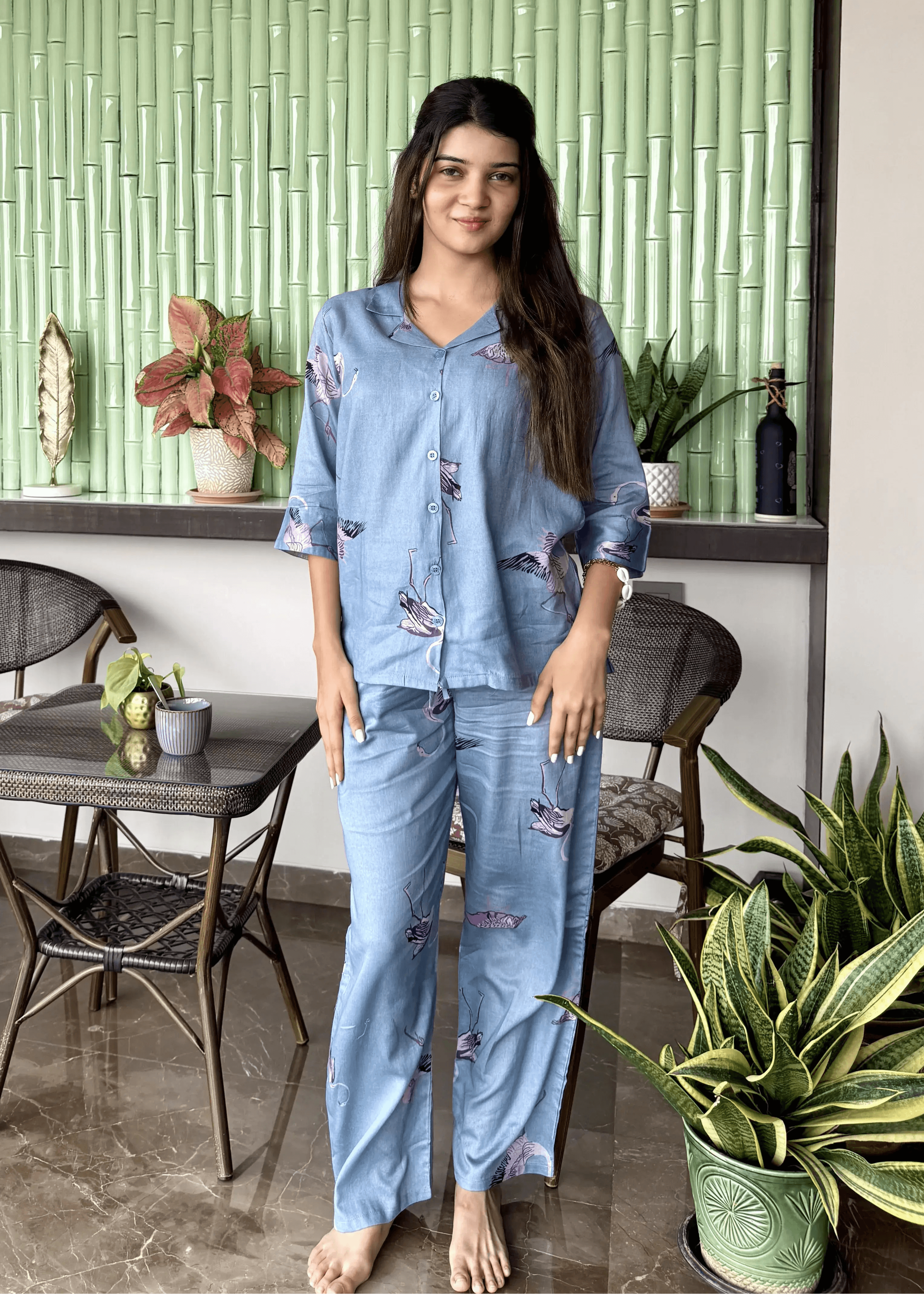 Velure Timeless Flamingo Print Cotton Night Suit - Velure - - 3/4 Sleeves, Collar Neck, Cotton, Front Button Open, Full Length Pant