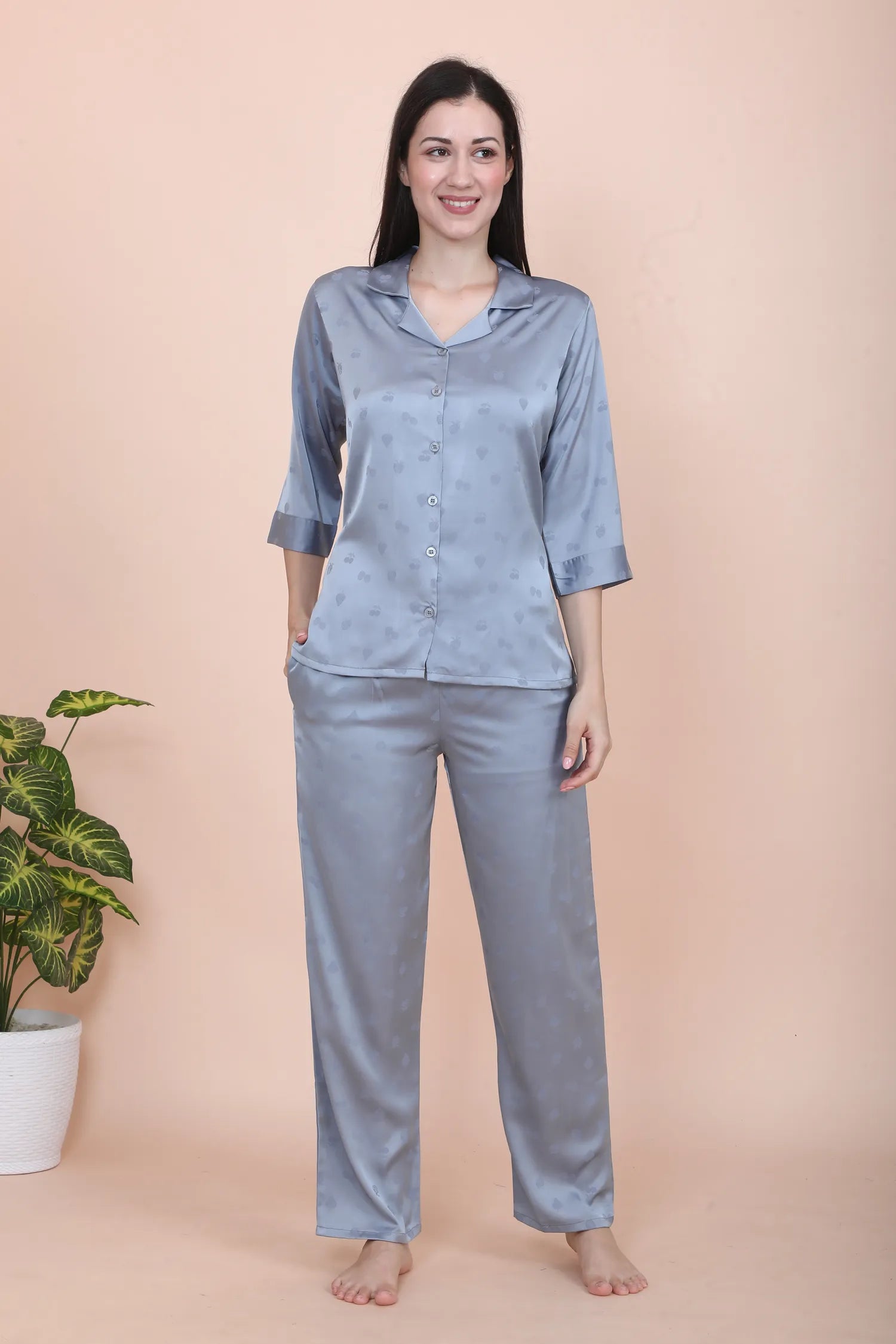 Velure Casual Cherry Print Satin Night Suit - Velure - - 3/4 Sleeves, Collar Neck, Front Button Open, Full Length Pant, Printed, Satin