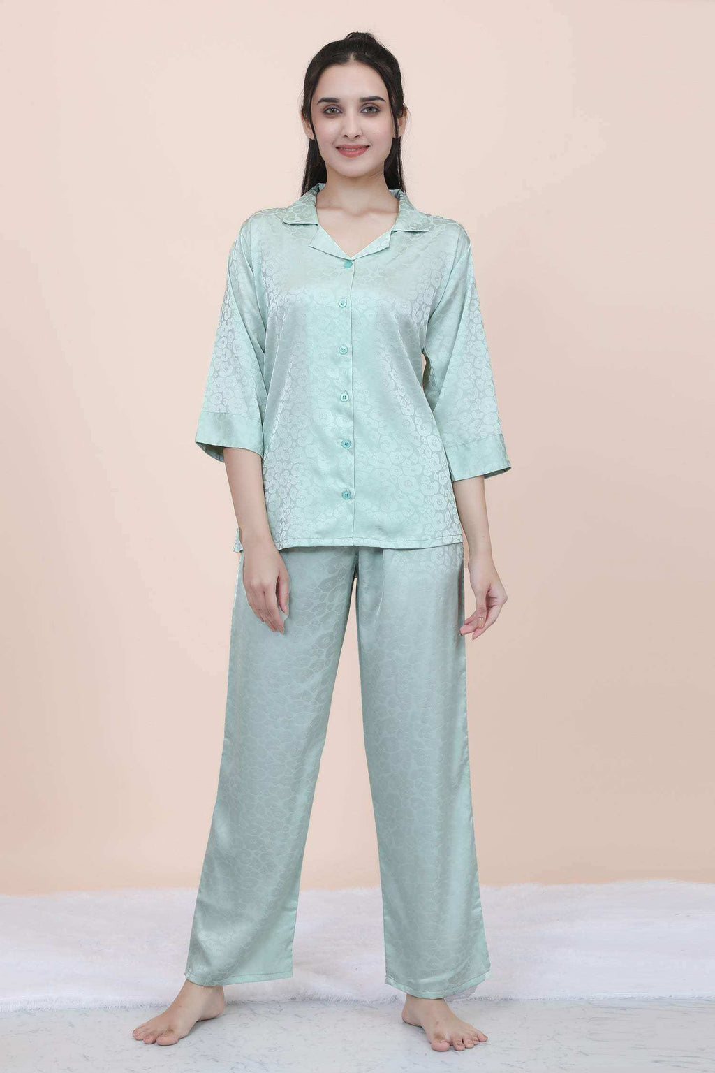Velure Abstract Floral Print Satin Night Suit - Velure - - 3/4 Sleeves, Collar Neck, Floral Print, Front Button Open, Full Length Pant, Satin
