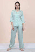 Velure Abstract Floral Print Satin Night Suit - Velure - - 3/4 Sleeves, Collar Neck, Floral Print, Front Button Open, Full Length Pant, Satin