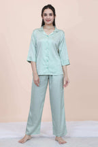 Velure Abstract Floral Print Satin Night Suit - Velure - - 3/4 Sleeves, Collar Neck, Floral Print, Front Button Open, Full Length Pant, Satin