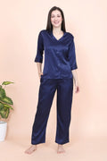 Velure Blue Casual Stripes Satin Night Suit - Velure - - 3/4 Sleeves, Collar Neck, Front Button Open, Full Length Pant, Satin, Stripes