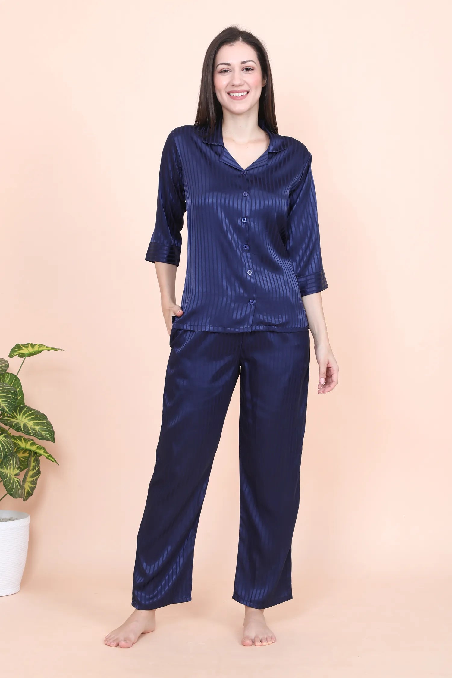 Velure Blue Casual Stripes Satin Night Suit