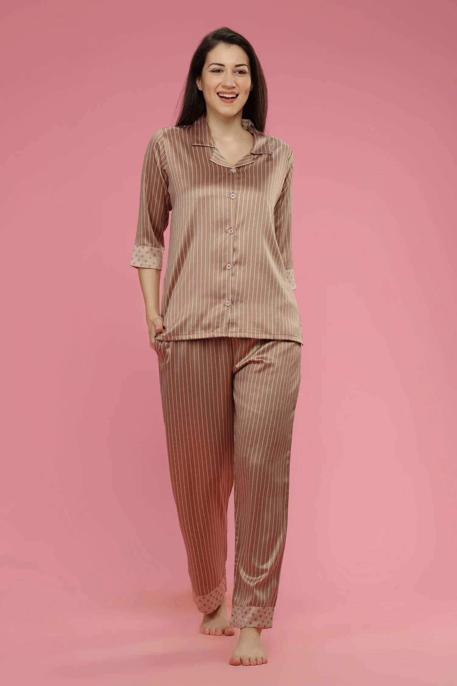 Velure All Over Stripes Satin Set - Velure - Shirt and Pant - 3/4 Sleeves, Collar Neck, Front Button Open, Full Length Pant, Satin, Stripes
