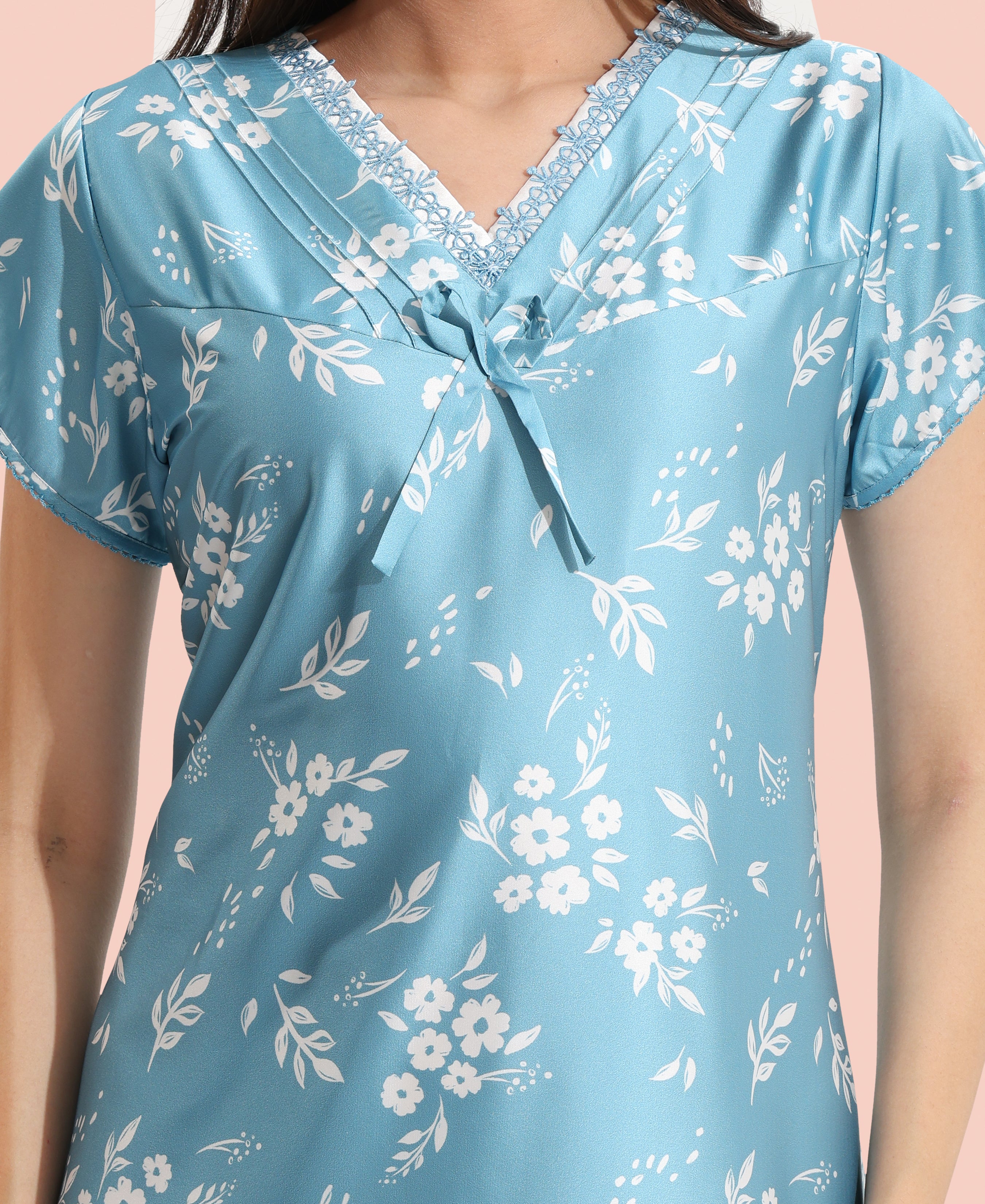 Velure Elegant Floral Print Satin Nighty - Velure - - Floral Print, Full Length Nighty, Half Sleeves Nighty