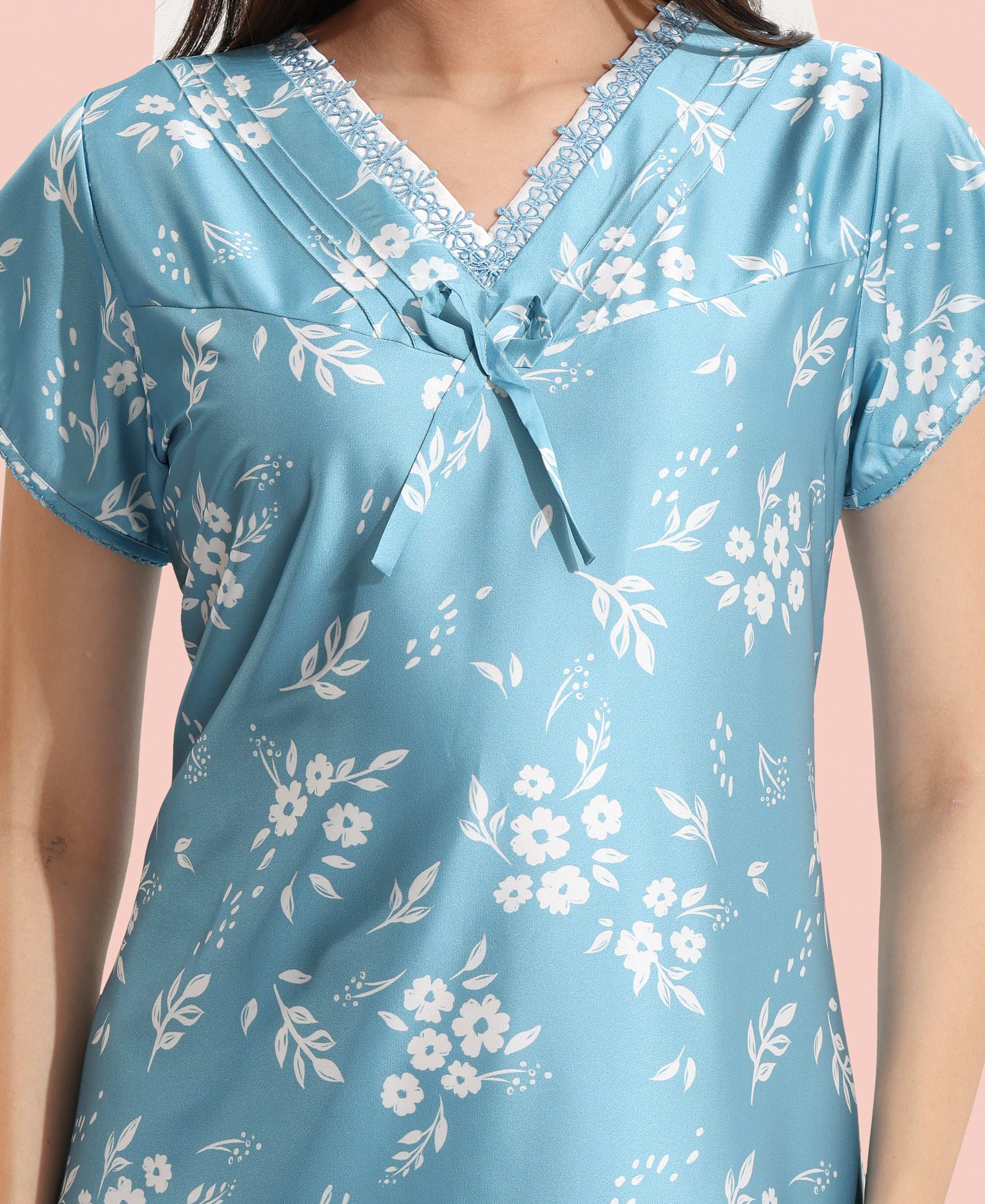 Velure Elegant Floral Print Satin Nighty - Velure - - Floral Print, Full Length Nighty, Half Sleeves Nighty