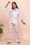 Velure Glamorous Rose Print Night Suit - Velure - - 3/4 Sleeves, Collar Neck, Floral Print, Front Button Open, Full Length Pant, Satin