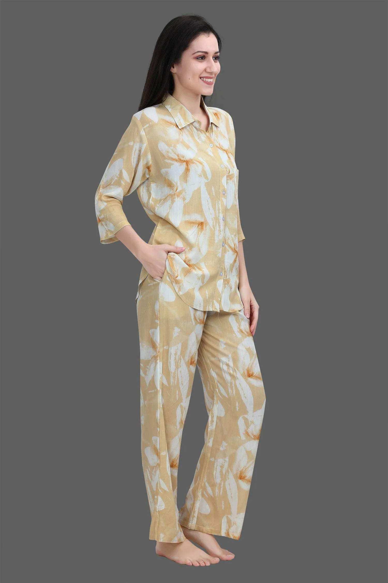 Velure Tunic Floral Palazzo Co-ord Set - Velure - - 3/4 Sleeves, Collar Neck, Front Button Open, Full Length Pant, Linen