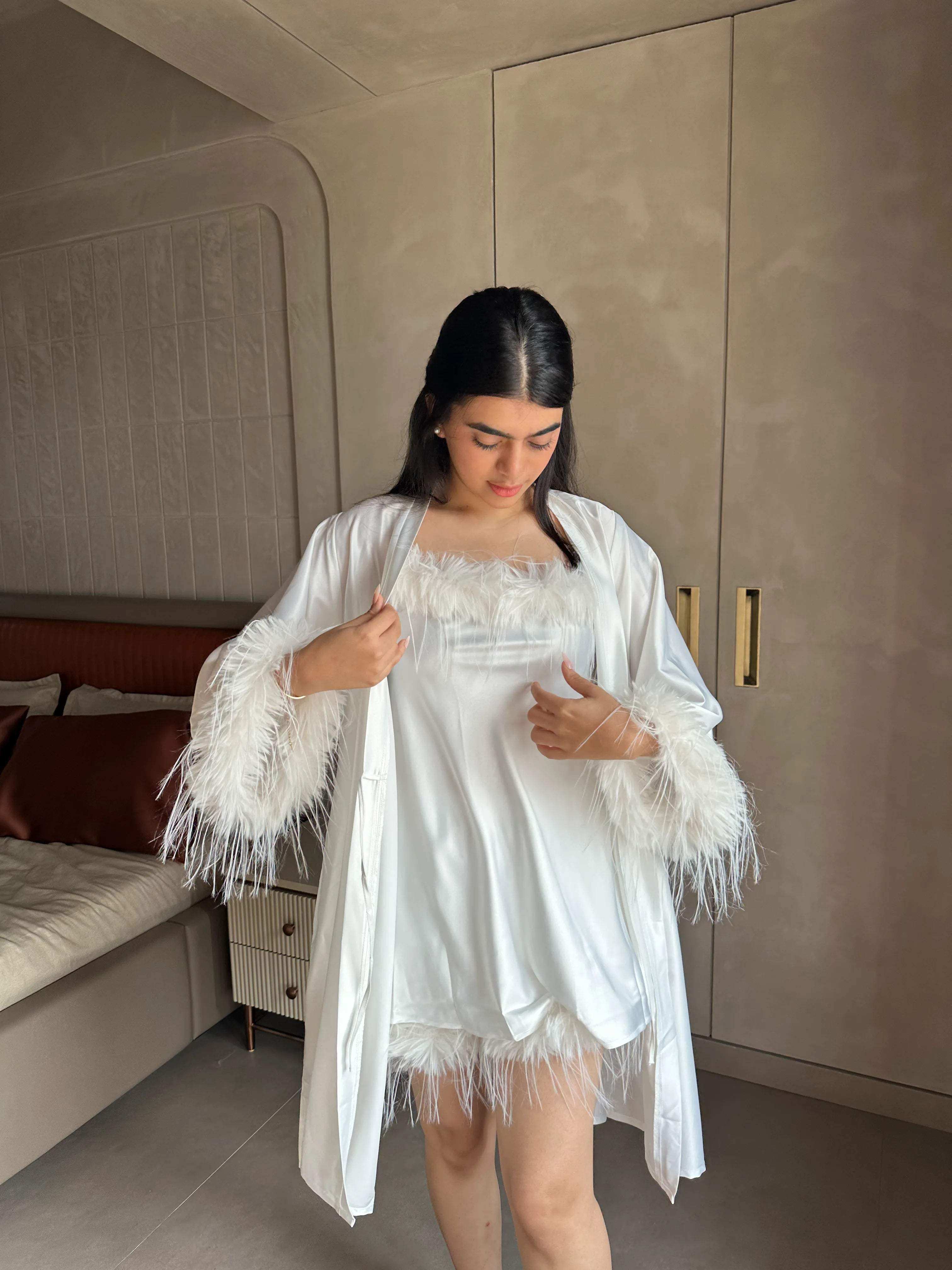 Velure Fuzzy White Robe (Only Robe) - Velure - - 3/4 Length, Center Drawstring, Robe, Satin