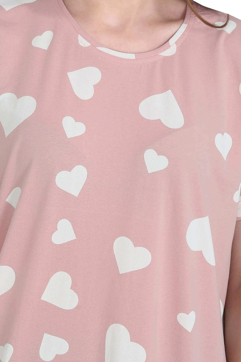 Velure All-Over Heart Print Short Nighty - Velure - - Cotton, Half Sleeves, Knee Length, Printed, Round neck