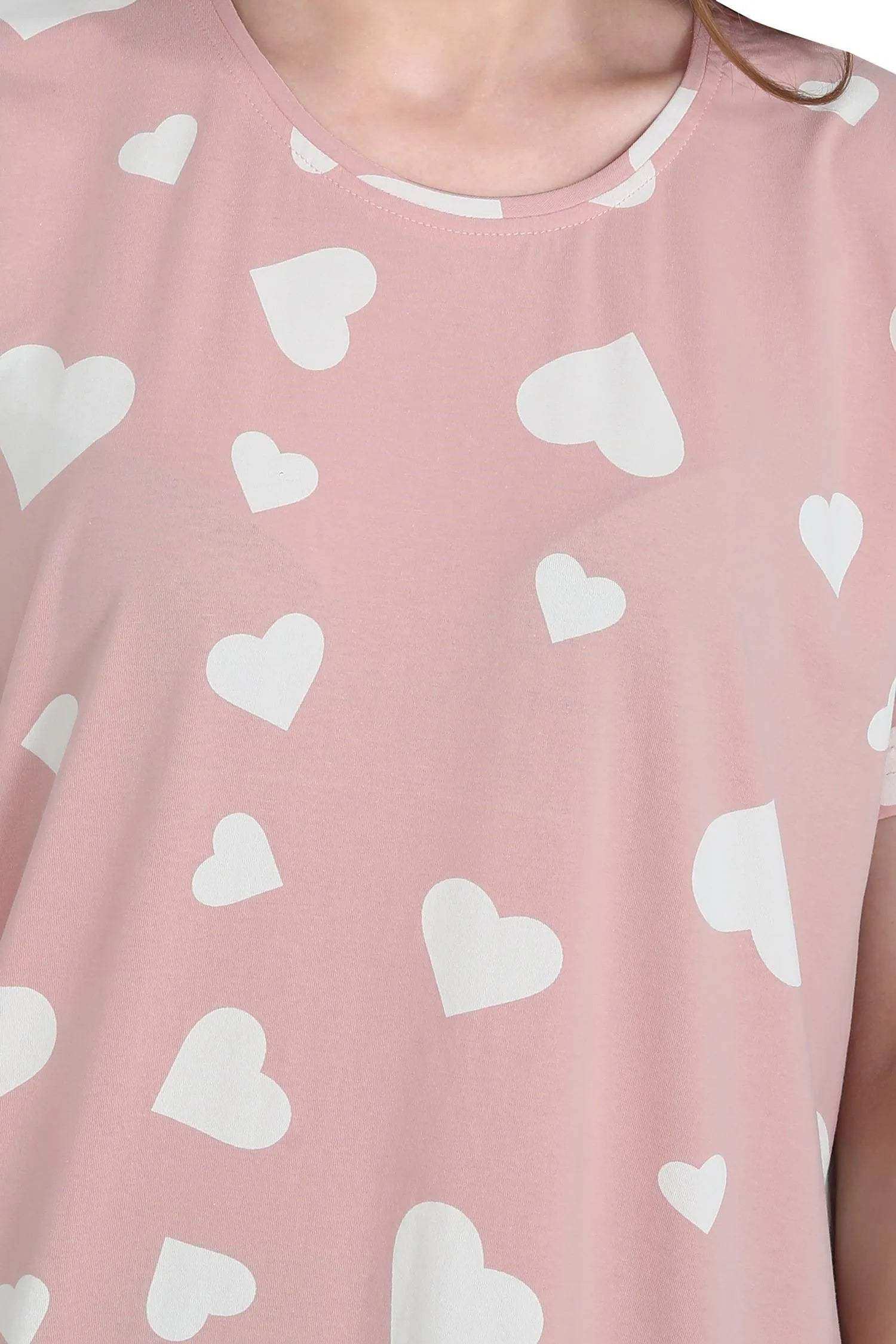 Velure All-Over Heart Print Short Nighty - Velure - - Cotton, Half Sleeves, Knee Length, Printed, Round neck