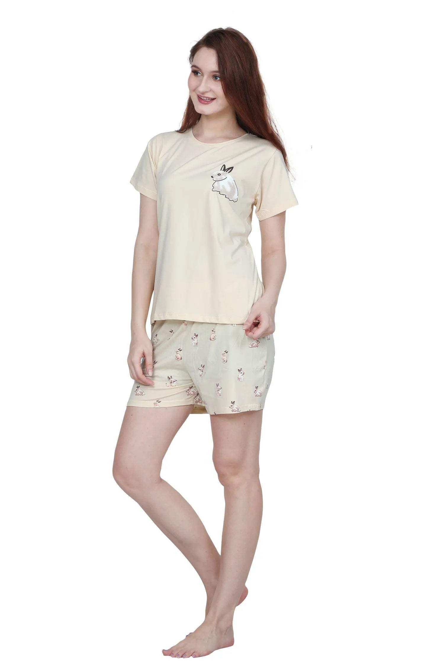 Velure Bunny Shorts Set - Velure - - Cartoon Print, Cotton Lycra Fabric, Half Sleeves, Round neck