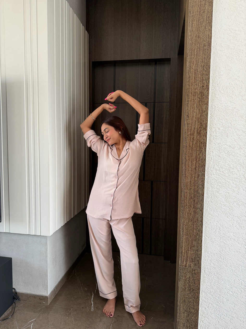 Velure Pink Cotton Breeze
 Night Suit - Velure - - 3/4 Sleeves, Collar Neck, Cotton, Detail-scallop, Front Button Open, Full Length Pant