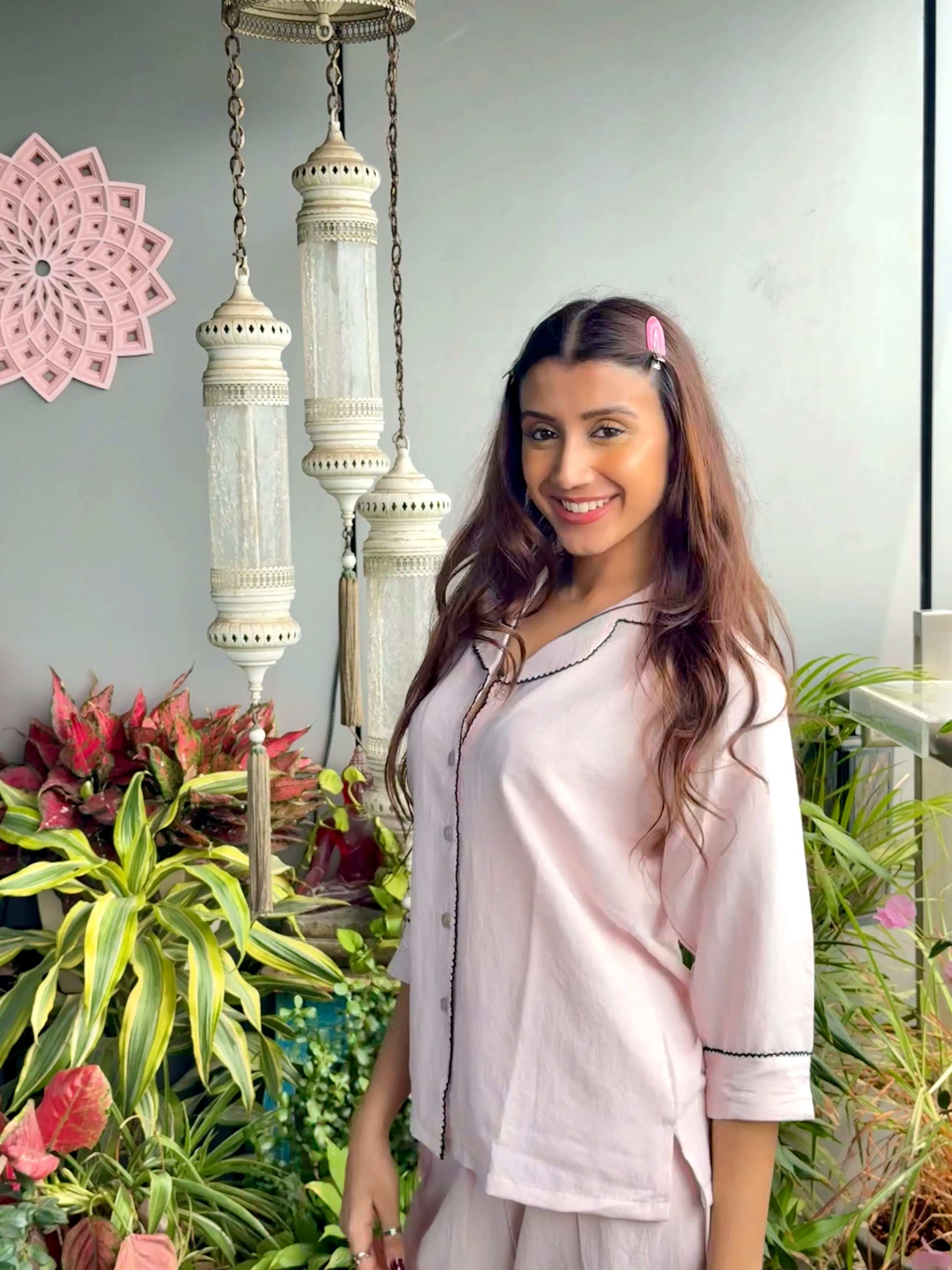Velure Pink Cotton Breeze
 Night Suit - Velure - - 3/4 Sleeves, Collar Neck, Cotton, Detail-scallop, Front Button Open, Full Length Pant