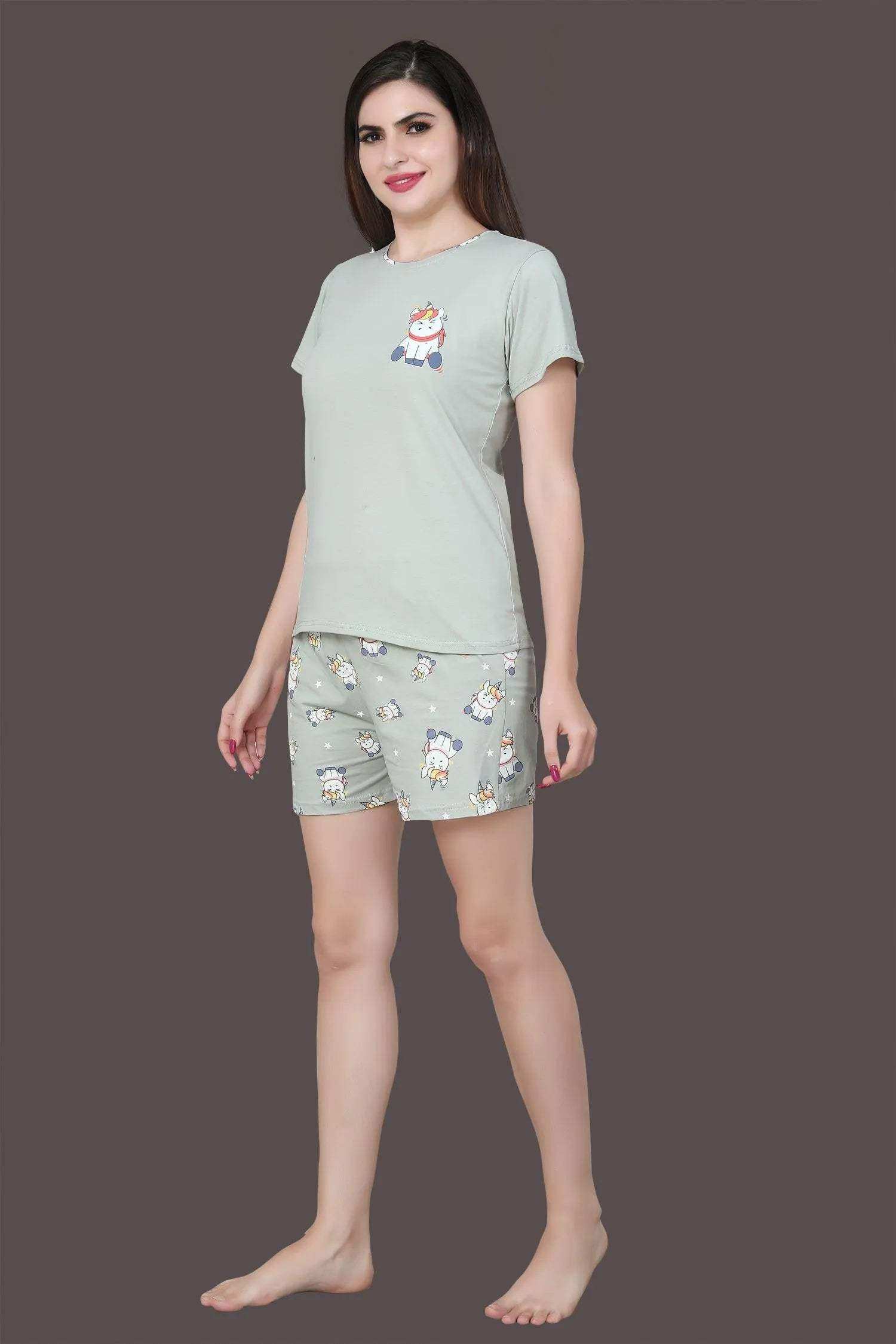 Velure Cute Unicorn Print Shorts Set - Velure - - Cotton Lycra Fabric, Half Sleeves, Printed, Round neck