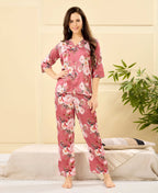 Velure Stylish Floral Print Night Suit - Velure - - 3/4 Sleeves, Collar Neck, Floral Print, Front Button Open, Full Length Pant, Satin