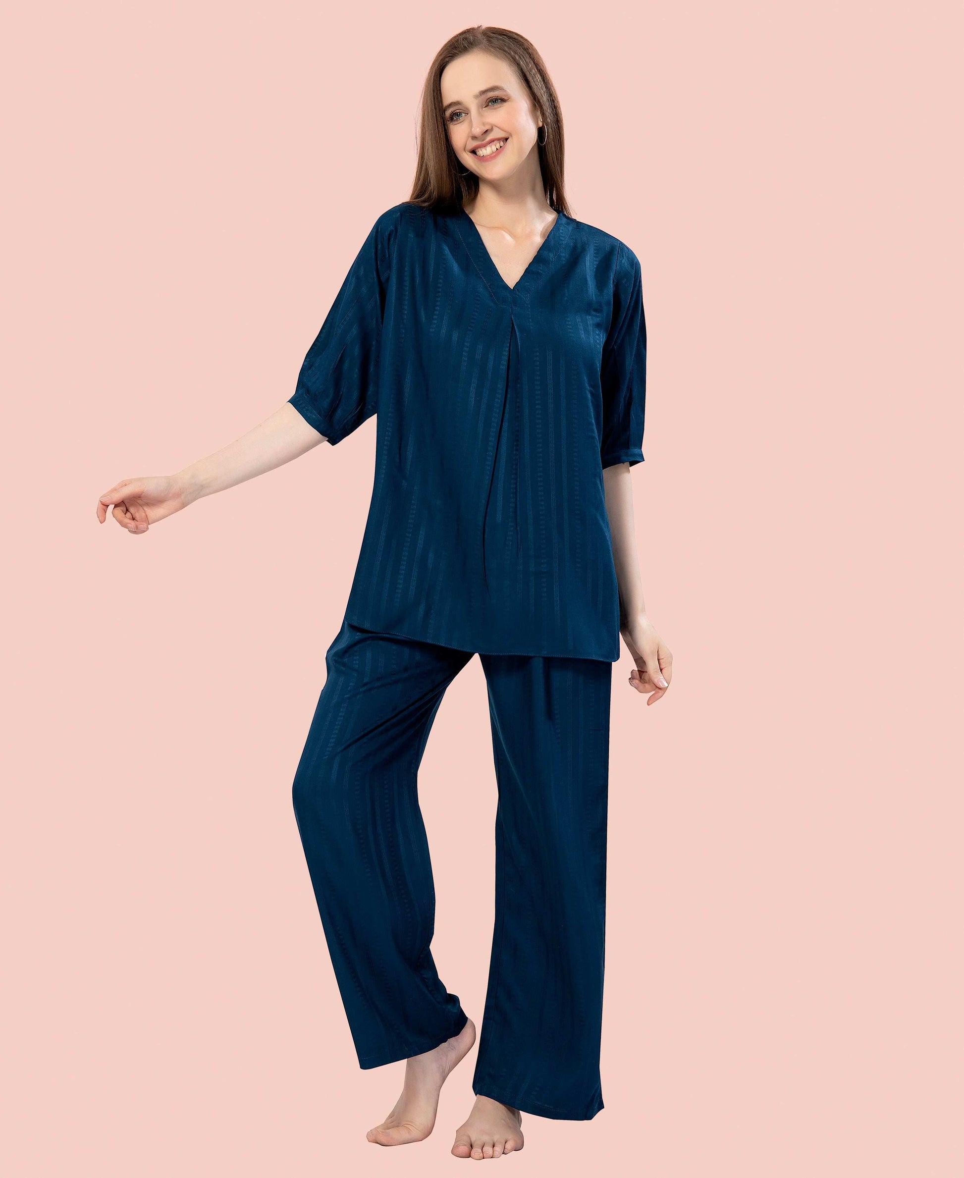 Velure Stylish Teal Blue Kurti Style Night Suit - Velure - - 3/4 Sleeves, Collar Neck, Cotton, Front Button Open, Full Length Pant