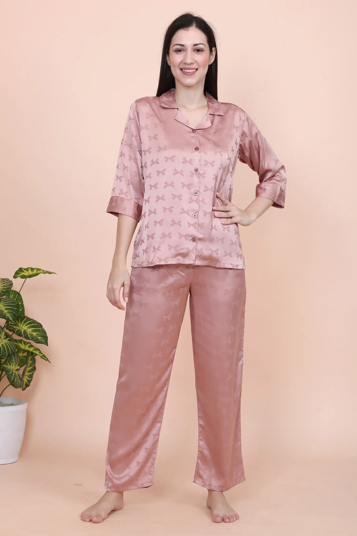 Velure Stunning Peach Bow Print Satin Night Suit