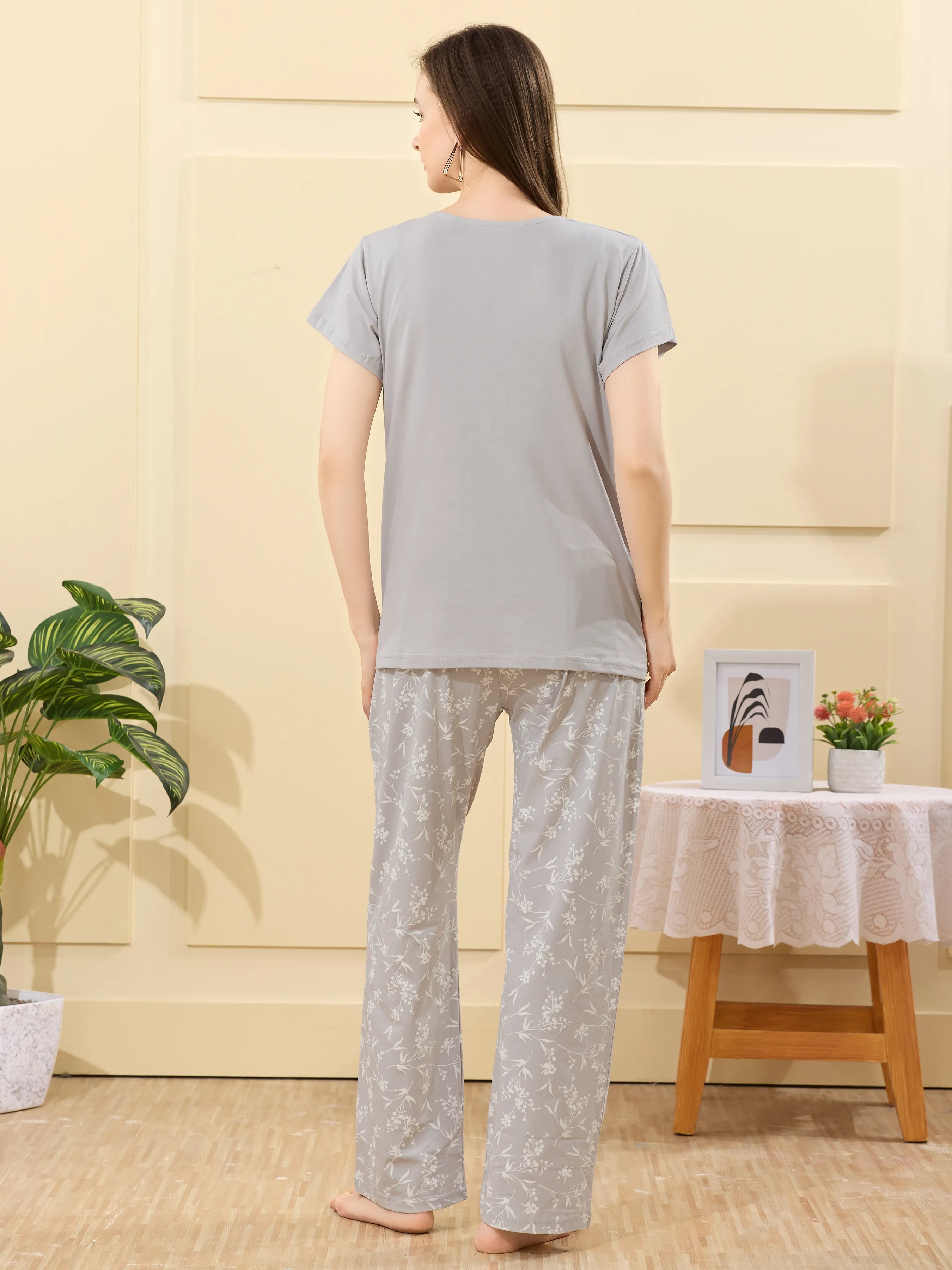 Velure Radiant Grey Floral Printed Pajama Set