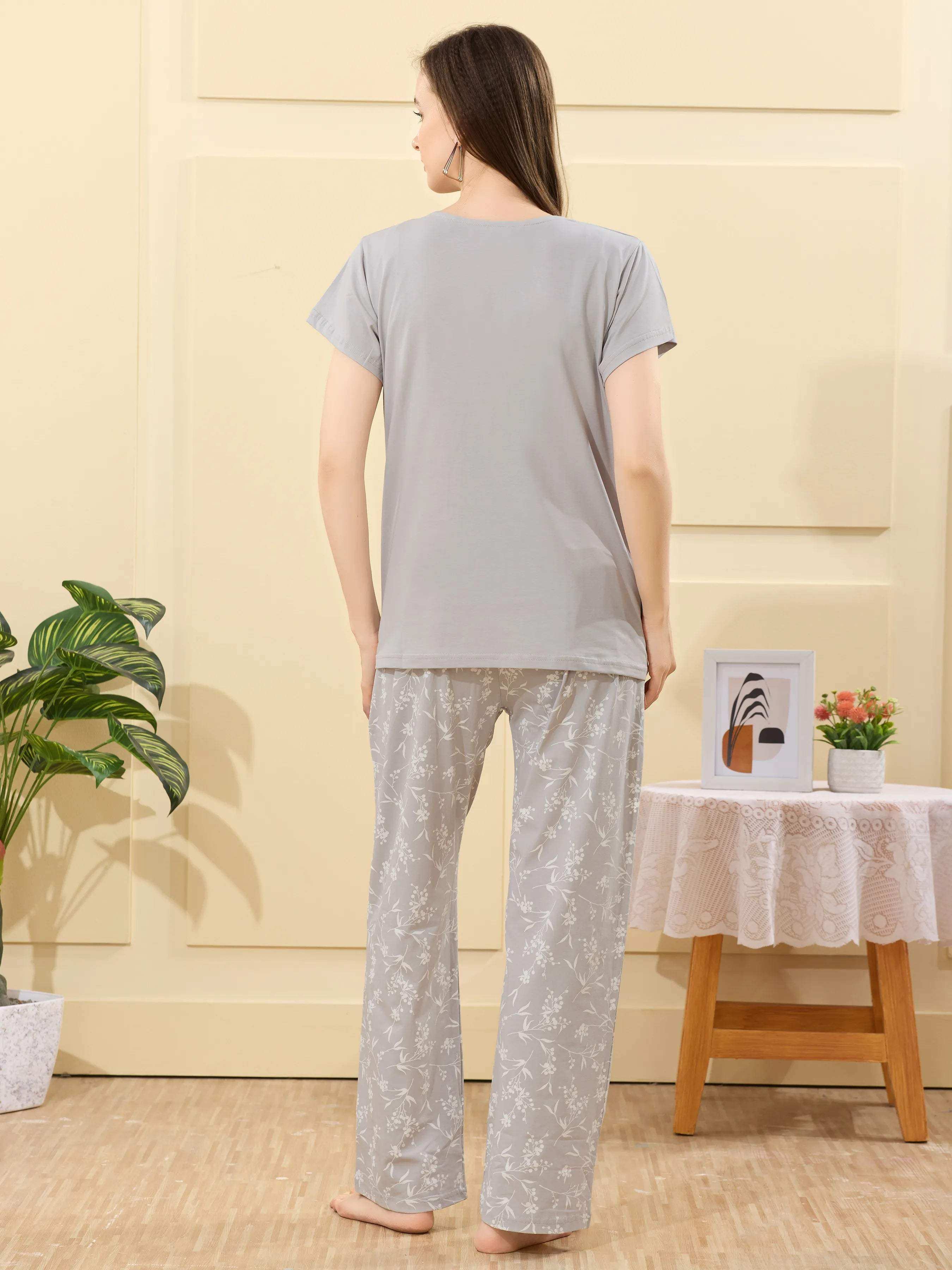 Velure Radiant Grey Floral Printed Pajama Set - Velure - - Cotton Lycra Fabric, Full Length Pant, Half Sleeves, Round neck nightsuit