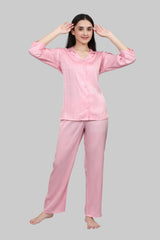 Velure Glossy Pink Satin Night Suit - Velure - - 3/4 Sleeves, Collar Neck, Front Button Open, Full Length Pant, Satin