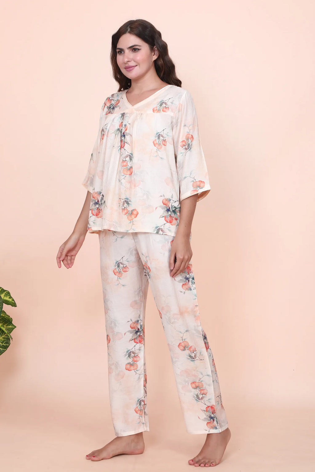 Velure Casual Cream Print Frock-Style Night Suit