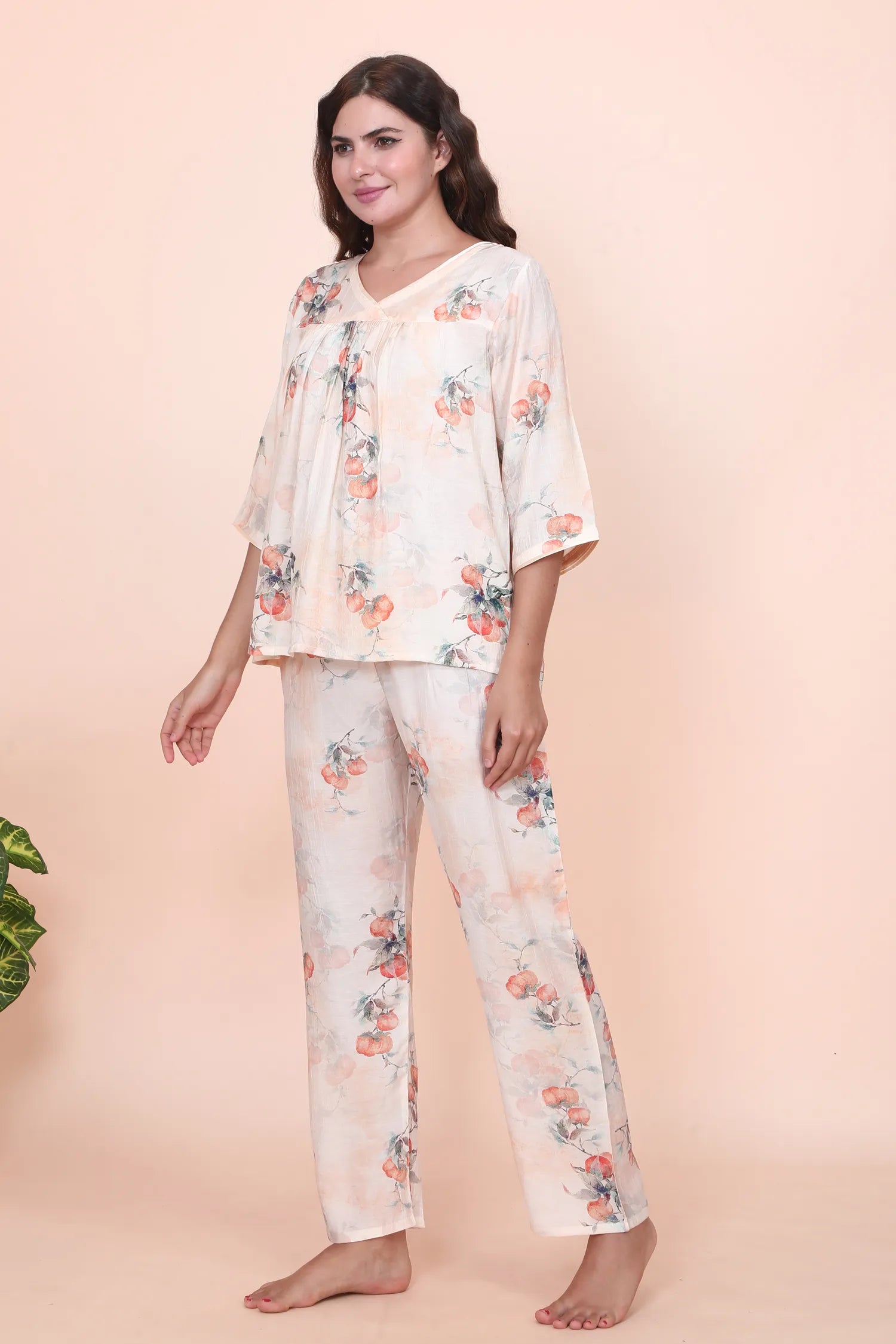 Velure Casual Cream Print Frock-Style Night Suit