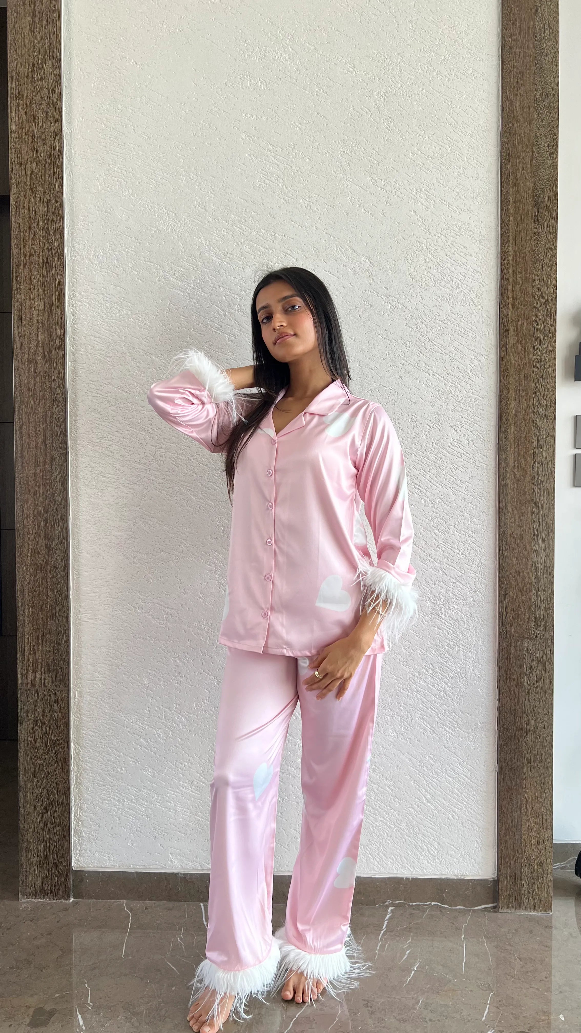 Velure Elegant Heart Print Satin Fur Night Suit