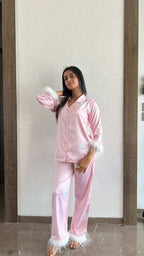 Velure Elegant Heart Print Satin Fur Night Suit - Velure - Shirt and Pant - Detail-printedfur, Front Button Open, Full Length Pant, Fur, Satin