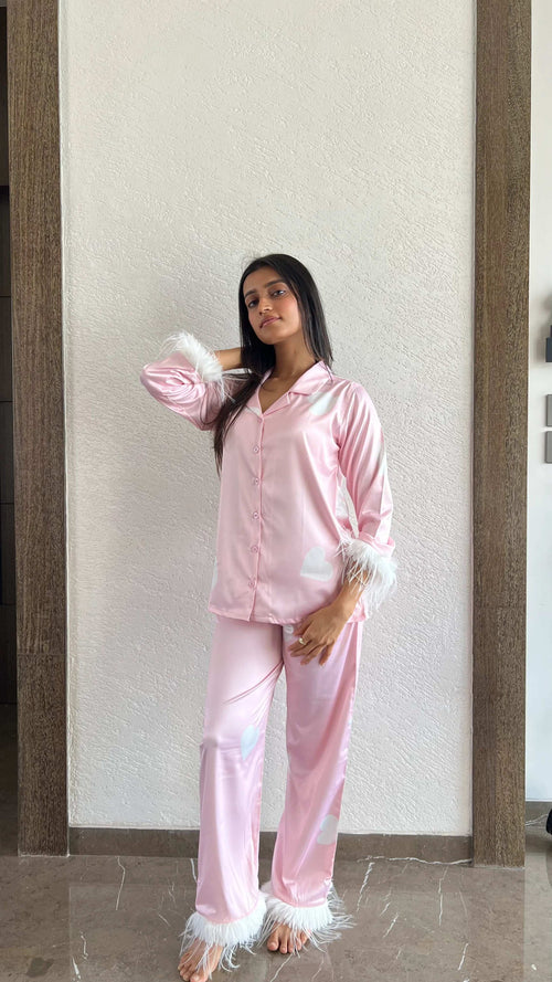 Velure Elegant Heart Print Satin Fur Night Suit - Velure - - Front Button Open, Full Length Pant, Fur, Satin