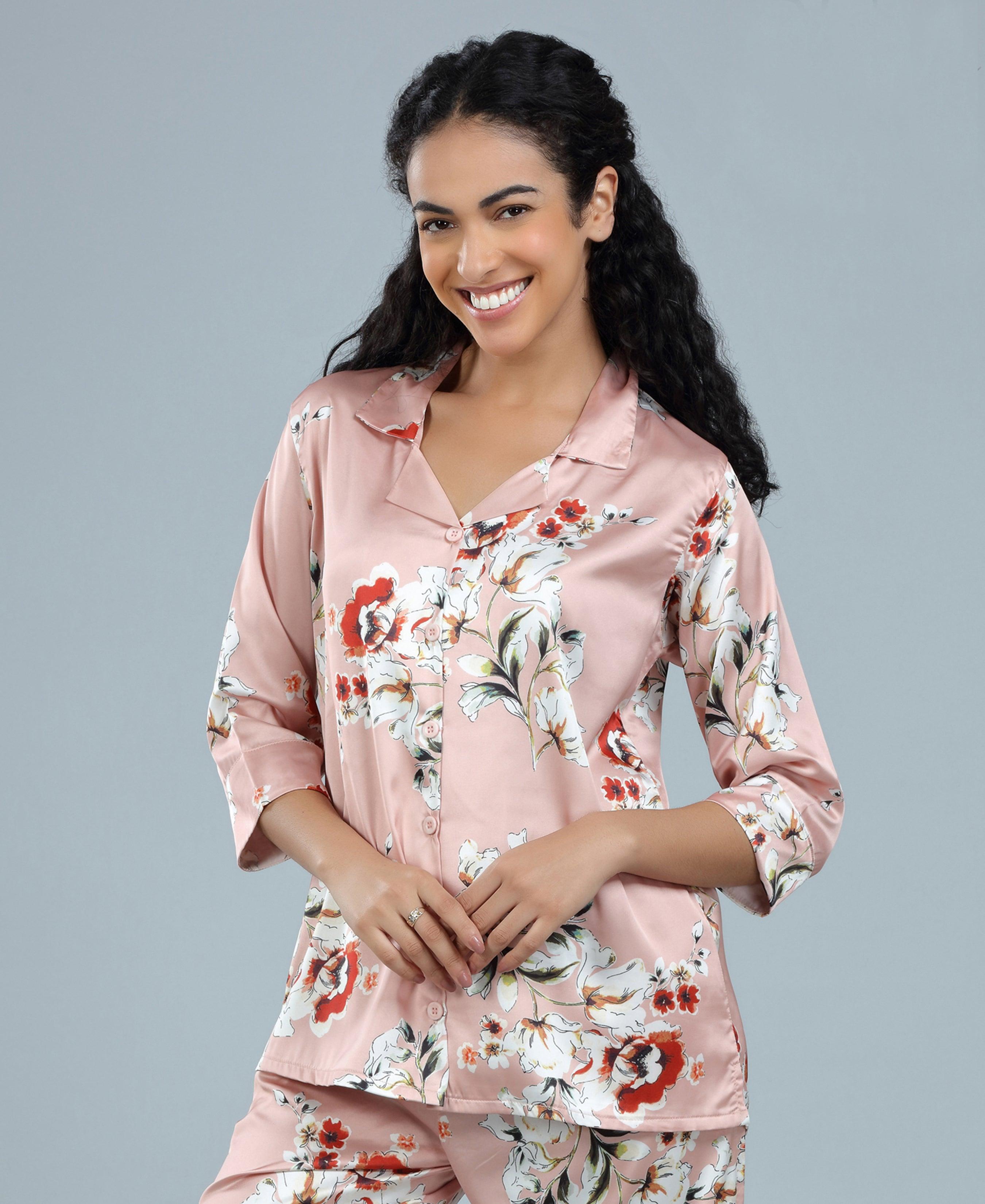 Velure Trendy Fashion Floral Print Night Suit - Velure - - 3/4 Sleeves, Collar Neck, Floral Print, Front Button Open, Full Length Pant, Satin