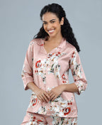 Velure Trendy Fashion Floral Print Night Suit - Velure - - 3/4 Sleeves, Collar Neck, Floral Print, Front Button Open, Full Length Pant, Satin