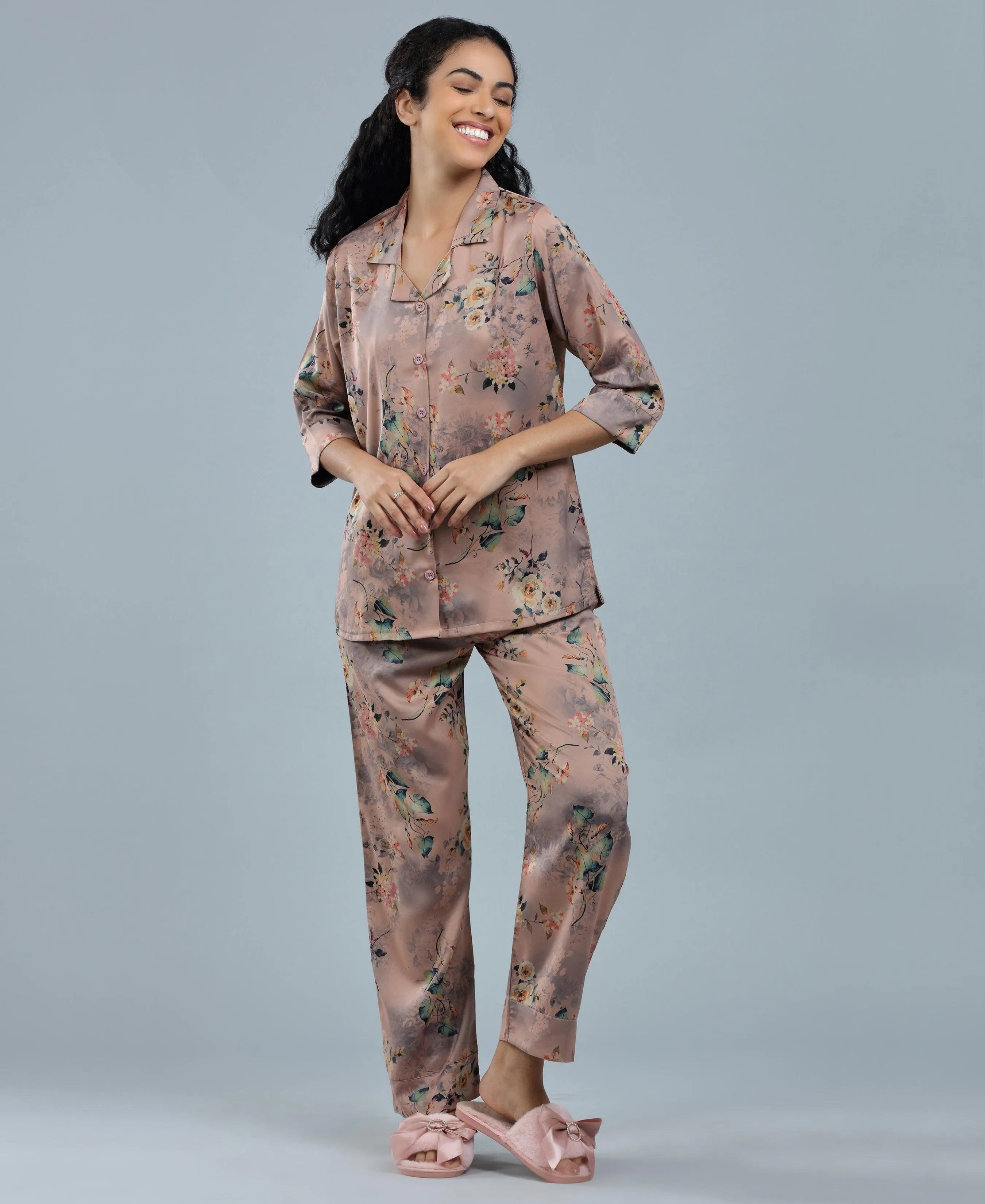 Velure Botanical Satin Print Night Suit - Velure, Shirt and Pant, Elevate your weekend wardrobe with Velure's Botanical Floral Satin Print Night Suit. Crafted from silky smooth satin, this set guarantees unmatched comfort and softness. The vibrant floral print adds a touch of joy to the ensemble. Featuring a 3/4 sleeve shirt and full-length pants with an elastic waistband, this suit ensures a snug and cozy fit. Indulge in a peaceful sleep accompanied by pleasant dreams.