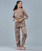Velure Botanical Satin Print Night Suit - Velure - - 3/4 Sleeves, Collar Neck, Floral Print, Front Button Open, Full Length Pant, Satin