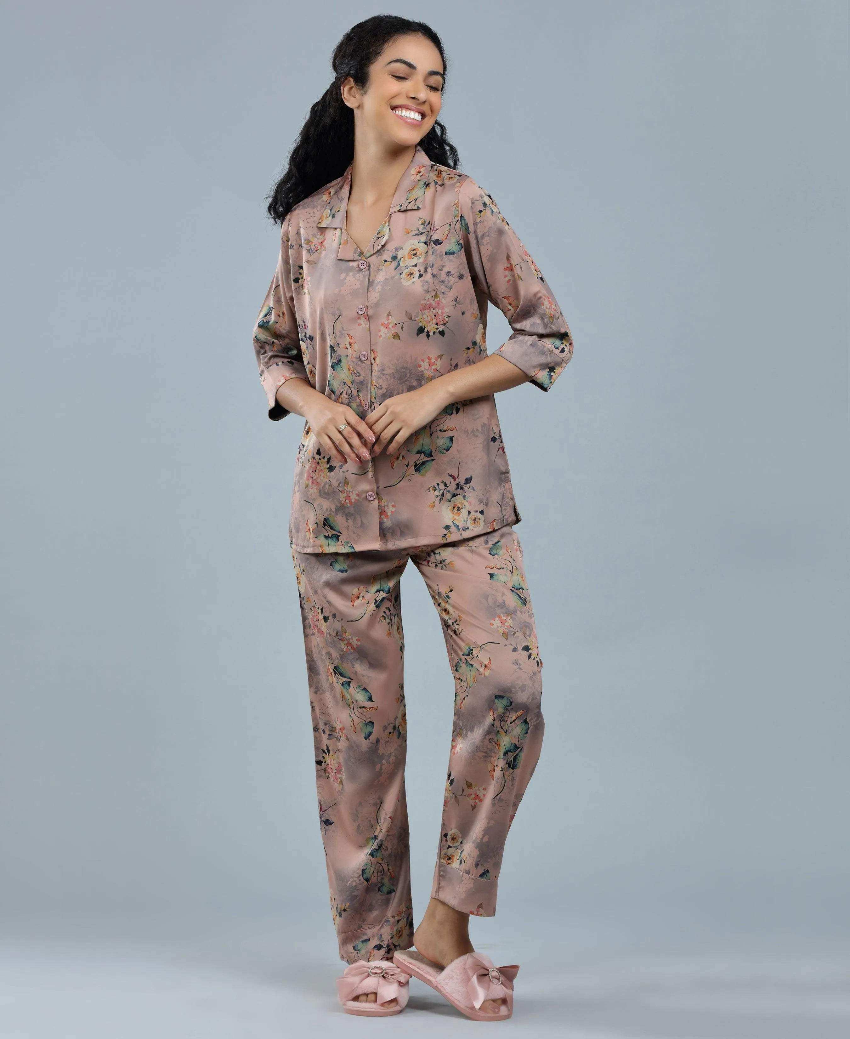 Velure Botanical Satin Print Night Suit - Velure - - 3/4 Sleeves, Collar Neck, Floral Print, Front Button Open, Full Length Pant, Satin