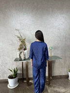 Velure Ribbin Bow Satin Print Satin Night Suit - Velure - - 3/4 Sleeves, Collar Neck, Front Button Open, Full Length Pant, Satin
