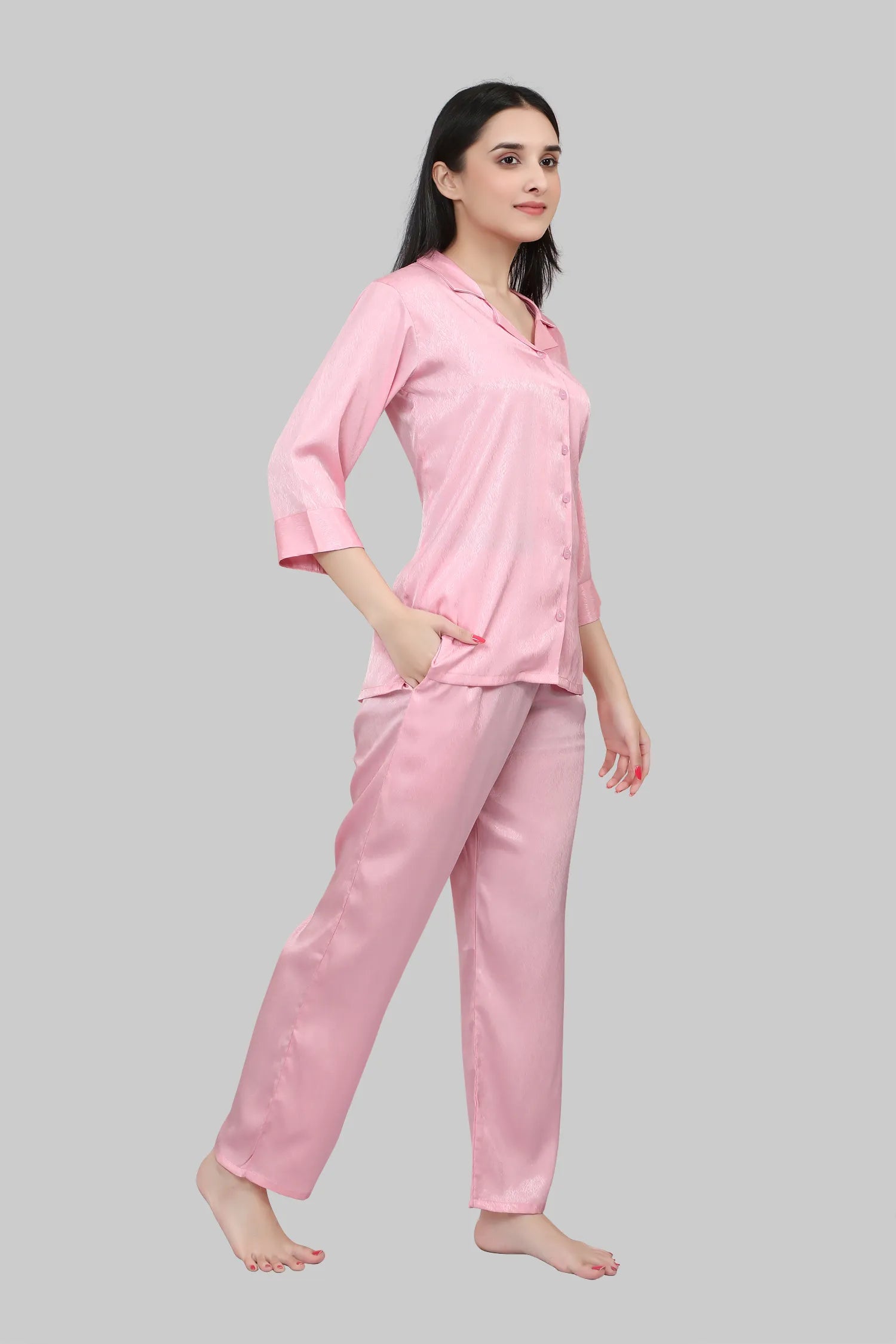 Velure Glossy Pink Satin Night Suit - Velure - - 3/4 Sleeves, Collar Neck, Front Button Open, Full Length Pant, Satin