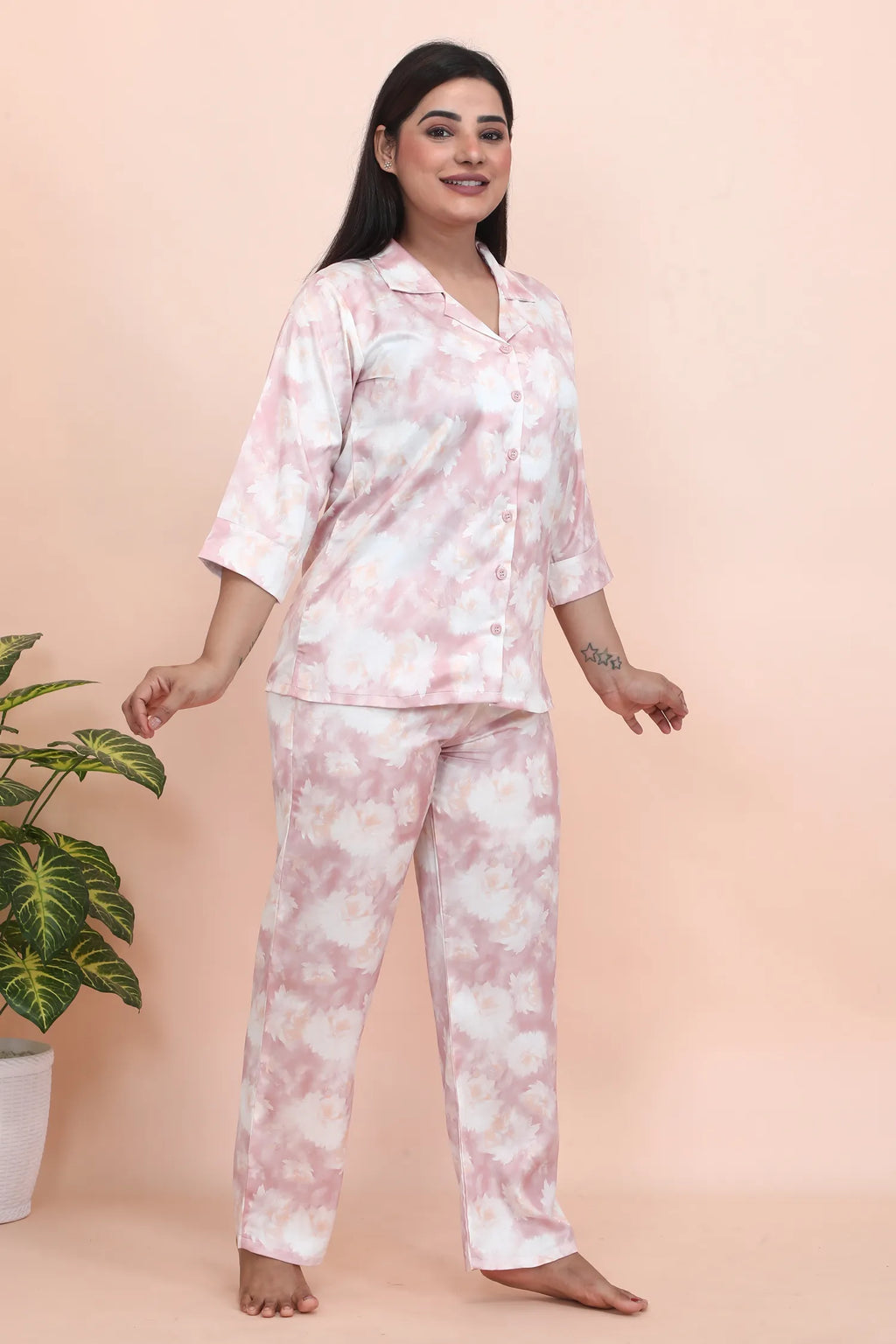 Velure Glamorous Rose Print Night Suit - Velure - - 3/4 Sleeves, Collar Neck, Floral Print, Front Button Open, Full Length Pant, Satin