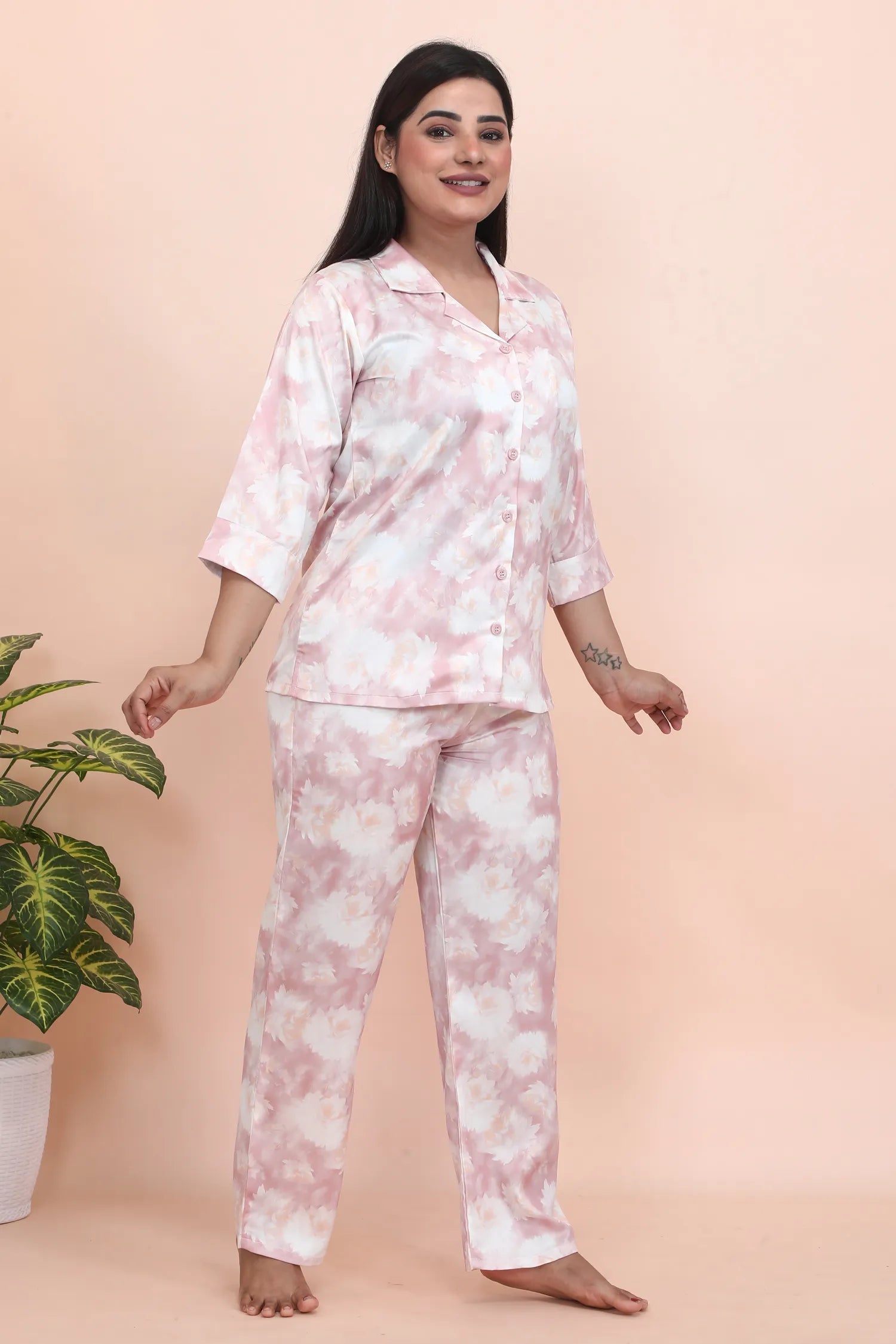 Velure Glamorous Rose Print Night Suit - Velure - - 3/4 Sleeves, Collar Neck, Floral Print, Front Button Open, Full Length Pant, Satin