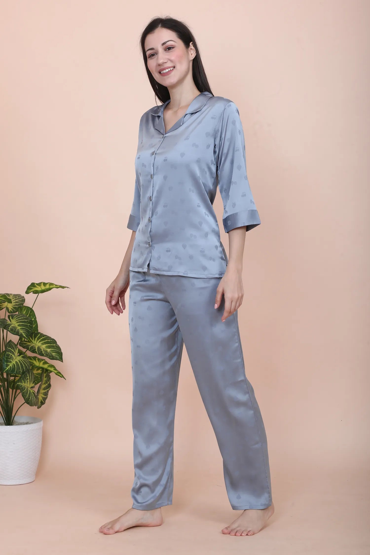 Velure Casual Cherry Print Satin Night Suit - Velure - - 3/4 Sleeves, Collar Neck, Front Button Open, Full Length Pant, Printed, Satin